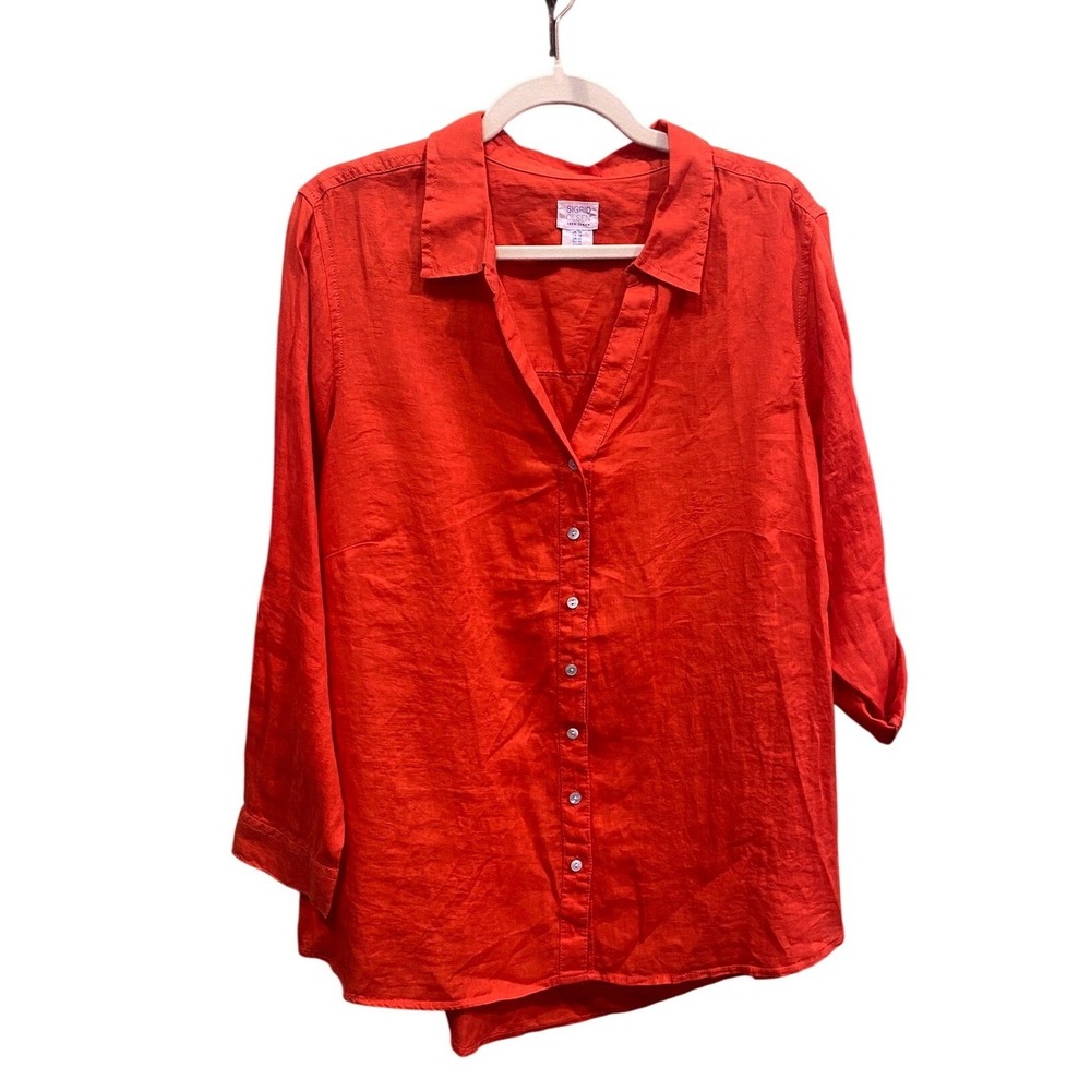 Sigrid Olsen Womens 1X Coral Red 100% Linen Button Down Roll Tab Sleeve Shirt